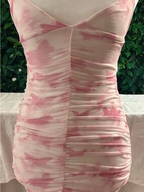 PrettyLittleThing Pink Tie-Dye Ruched Bodycon Mini Dress